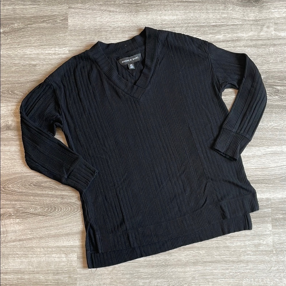 Andrew Marc Black V-Neck Ribbed Sweater